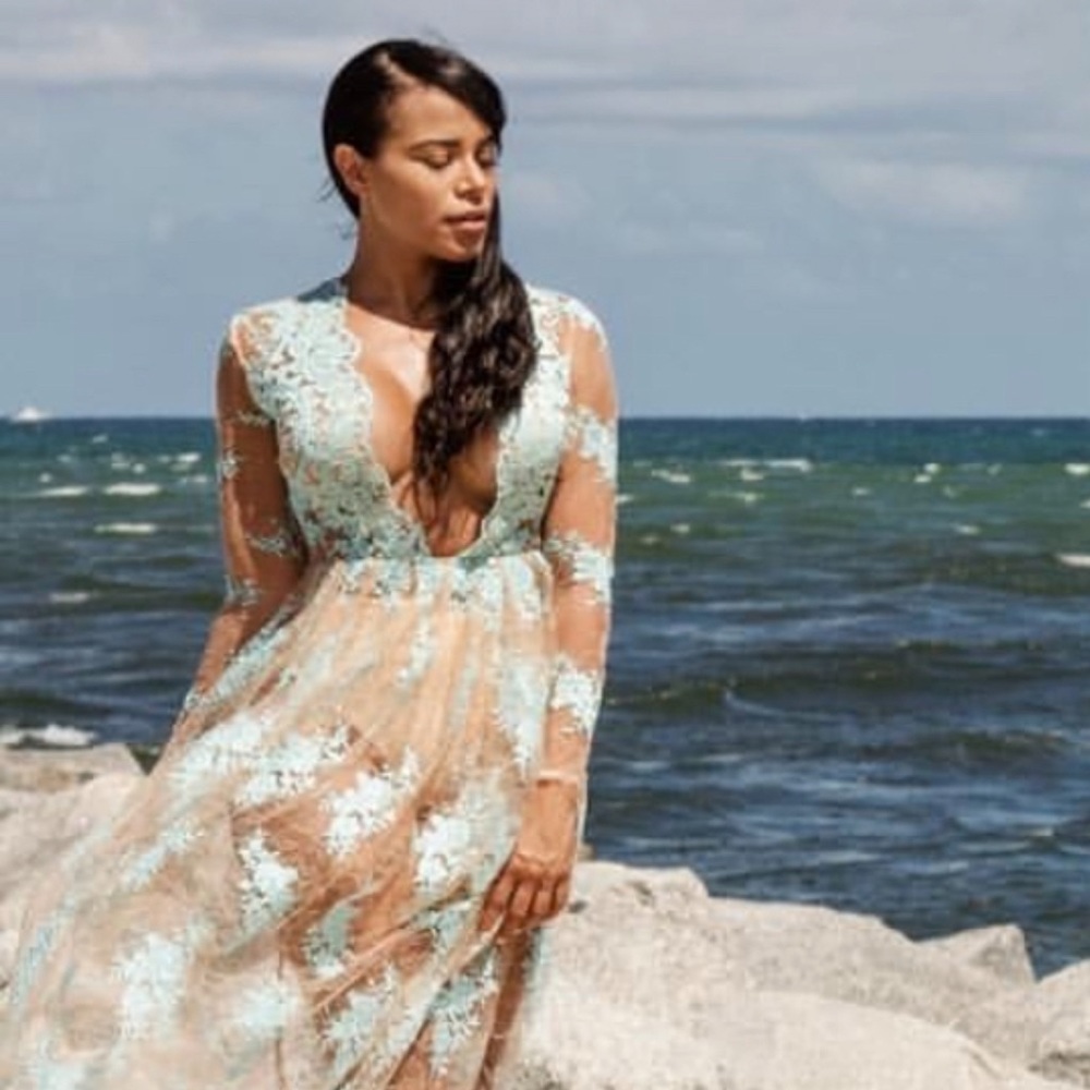 House Of CB Claudia Blue & Nude Lace Deep Plunge Long Sleeve Maxi Dress